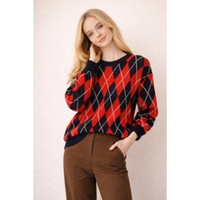 Sibel Günay Butik Renkli Baklava Desenli Triko Kazak