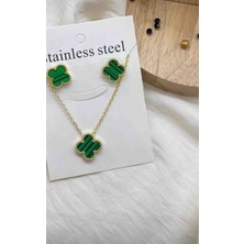 Güneş Takı Gold Yeşil Yonca Model Tekli Kolye Bileklik Seti 2li Set