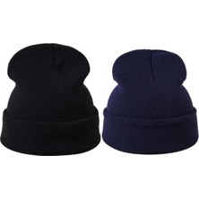 Quatex Siyah Koyu Lacivert Ikili Unisex Katlamalı Triko Düz Bere