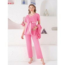Jenika Collection Jenika Pembe Düğmeli Dantel Yaka Detaylı 3’lü Hamile Lohusa Pijama Takımı | Sabahlıklı, Rahat Kalıp