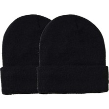 Quatex Siyah Ikili Unisex Katlamalı Triko Düz Bere