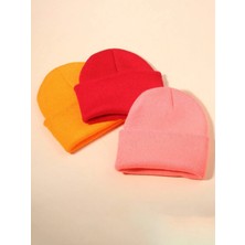 Quatex Turuncu Kırmızı Pembe Üçlü Set Unisex Katlamalı Triko Düz Bere