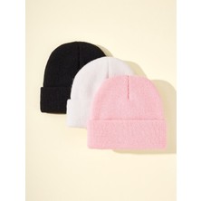 Quatex Siyah Beyaz Pembe Üçlü Set Unisex Katlamalı Triko Düz Bere