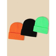 Quatex Turuncu Siyah Yeşil Üçlü Set Unisex Katlamalı Triko Düz Bere