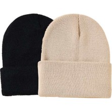 Quatex Siyah Krem Ikili Unisex Katlamalı Triko Düz Bere