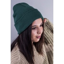 Quatex Yeşil Unisex Bere Kış Sezonu İçin Katlamalı Düz Triko Tasarım %83 Yün Malzeme