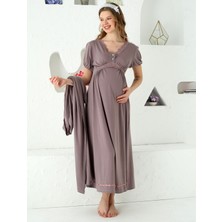 Jenika Collection Jenika Toupe Düğmeli Dantel Detaylı 2’li Hamile Lohusa Pijama Takımı | Sabahlıklı,yumuşak Kumaş