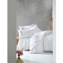 Pazarcan 3D Nakışlı Çift Kişilik Saten Nevresim Takımı Perla Beyaz