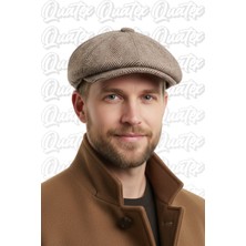 Quatex Kaşe Kasket Ingiliz Model Peaky Blinders Kahverengi Balık Sırtı Desenli %100 Kaşe Arkası Last