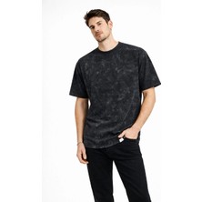 Erkek Asit Yıkama Bisiklet Yaka Kısa Kollu Oversize T-Shirt Tişört - Siyah