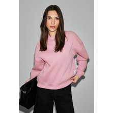 Grimelange SERENYA Kadın Pamuklu Etiket Detaylı Bisiklet Yaka Pembe Sweatshirt