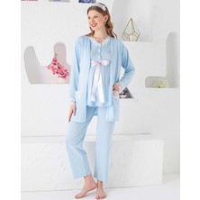 Jenika Collection Jenika Açık Mavi Düğmeli Dantel Detaylı 3’lü Hamile Lohusa Pijama Takımı | Kuşaklı, Sabahlıklı, Rahat Kalıp