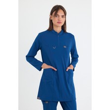 Mazey Uniform Indigo Likralı Viscon Hakim Yaka Tesettür Hemşire ve Doktor Scrubs Hastane Üniforma