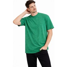 Erkek Asit Yıkama Bisiklet Yaka Kısa Kollu Oversize T-Shirt Tişört - Yeşil