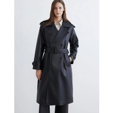 LC Waikiki Lcwaıkıkı Classic Siyah Kruvaze Yaka Kadın Deri Görünümlü Trençkot