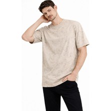 Erkek Asit Yıkama Bisiklet Yaka Kısa Kollu Oversize T-Shirt Tişört - Bej