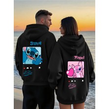 Macklin Unisex Sevgili Çift Kombini Stitch ve Angel Friends Love Sırt Baskılı Kapüşonlu Sweatshirt 2li Takım
