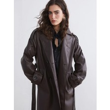 LC Waikiki Lcw Vision Kahverengi Kruvaze Yaka Deri Görünümlü Kadın Trençkot