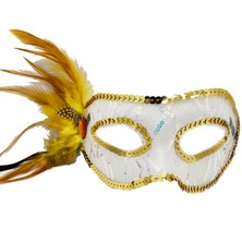 Erseyy Altın Renk Yandan Tüylü Pul Payet Işlemeli Parti Maskesi 23X12 cm