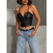 SHC4200 Ip Askılı Yandan Fermuarlı Rastale Deri Crop Siyah