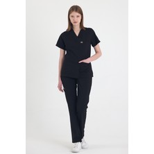 Mazey Uniform Siyah Likralı Viscon V Yaka Fit Kesim Hemşire ve Doktor Scrubs Premium Hastane Üniforma