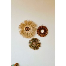 Marena Home Rattan Duvar Süsü 3’lü Set, 23-25-38 cm - Hasır Duvar Dekoru Seti, Rustik Doğal Lif ve Boncuklu