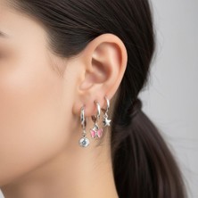 BURADABULDUN 3 Küpe Görünümlü Tek Halka Küpe - Kelebek & Yıldız Detaylı - Çelik - Silver