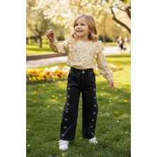 FullaModa Beli Lastikli Fiyonk Nakışlı Kız Çocuk Pantolon