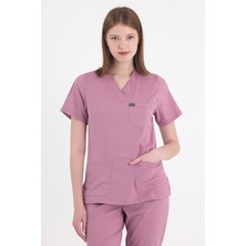 Mazey Uniform Gül Kurusu Likralı Viscon V Yaka Fit Kesim Hemşire ve Doktor Scrubs Premium Hastane Üniforma