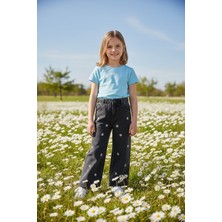 FullaModa %100 Pamuk Papatya Nakışlı Beli Lastikli Kız Çocuk Pantolon