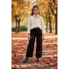 FullaModa %100 Pamuk Beli Lastikli Taşlı Kalp Nakışlı Kız Çocuk Pantolon