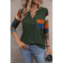 Tiana Kadın Uzun Kollu V Yakalı Cepli Çok Renkli Viskon Bluz