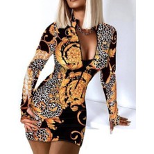 Tiana Kadın Fermuar Detay Dalgıç Kumaş Desenli Elbise