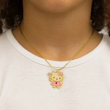 MiraveLux 925 Ayar Gümüş Zincirli Hello Kitty Figürlü Pembe Mine Detaylı Altın Kaplama Kolye