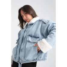 Denikk Trend Içi Kürklü Yumuşak Tüylü Bel Ayarlanabilir Cepli Kot Denim Ceket Mont