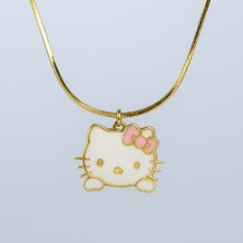 MiraveLux 925 Ayar Gümüş Zincirli Hello Kitty Figürlü Beyaz ve Pembe Mine Detaylı Altın Kaplama Kolye