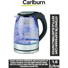 Carlburn Premium 1500W Şeffaf Görüntü Su Seviye Takip LED Aydınlatma 1.8 Litre Cam Kettle Elektrikli Isıtıcı