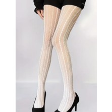 TrendyChic Beyaz Çizgili Dantel File Külotlu Çorap