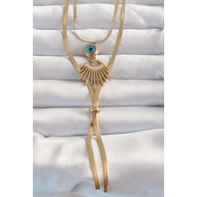 Pazarcan 316L Çelik Gold Renk Zirkon Taşlı Göz Detay Nazarlı Uzun Asansör Model Kolye - TJ-BKO8962