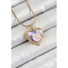 Pazarcan 316L Çelik Zincir Mor Sanatsal Portre Inci Detaylı Papatya Figürlü Kalp Model Gold Renk Kadın Kolye