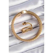 Pazarcan 316L Çelik Gold Renk Sarmal Model Erkek Bileklik Yüzük Kombini - TJ-EB3688