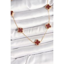 Pazarcan 316L Çelik Gold Renk Zincir Bordo Yonca Model Kadın Kolye - TJ-BKO9926