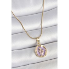 Pazarcan 316L Çelik Gold Renk Zincir Mor Mineli Çiçek Işlemeli Portre Model Kadın Kolye - TJ-BKO10164