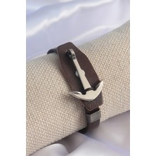 Pazarcan Kahverengi Deri Model Gümüş Renk Çapa Figür Erkek Bileklik - TJ-EB3573