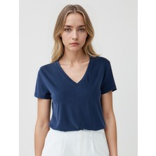 Jimmy Key Lacivert V Yaka Kısa Kollu Modal Örme Tişört