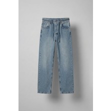 Abluka Online Erkek Erkek Baggy Fit Beli Bağcıklı Jean Pantolon Mavi