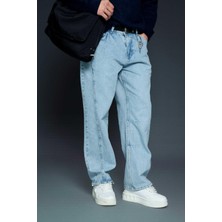 Abluka Online Erkek Baggy Fit Dikiş Detaylı Jean Pantolon Açık Mavi