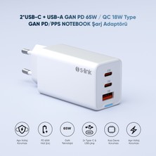 S-Link SL-ECG65 2*usb-C + Usb-A Gan Pd 65W / Qc 18W Type Gan Pd/pps Beyaz Ev/notebook Şarj Adaptör