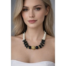 Solare Accessories Premium Seri Gold Siyah Inci Kolye