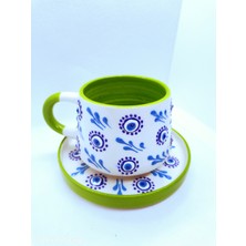 Nesli Home Kabartma Nazar Boncuğu Desen Tabaklı Yeşil Renk El Yapımı Seramik Çay Fincanı Kahve Fincanı Kupa Mug